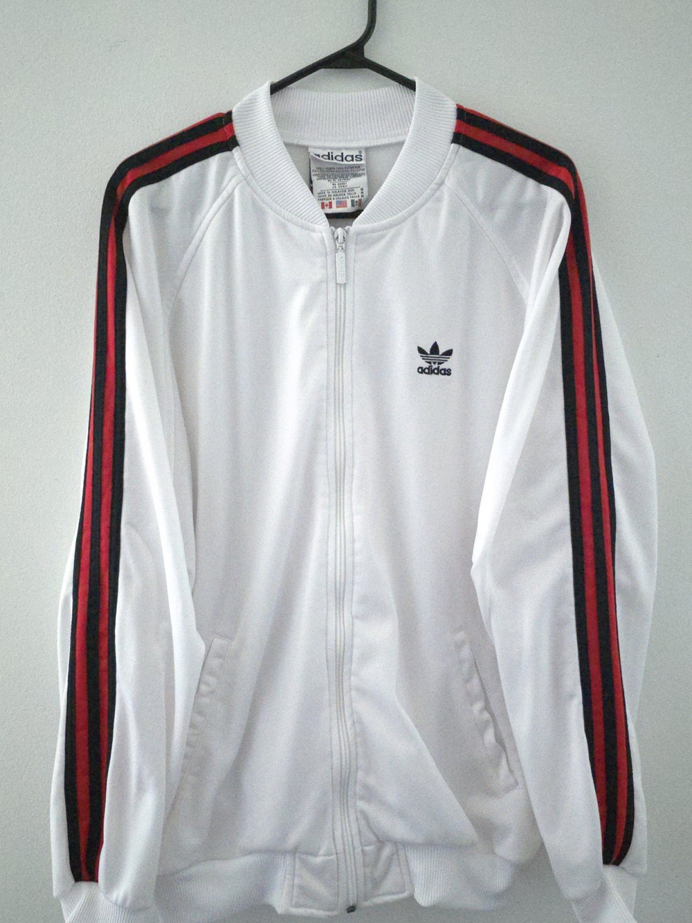 adidas White Track Bomber Jacket with Red & Black Sleeve Stripes